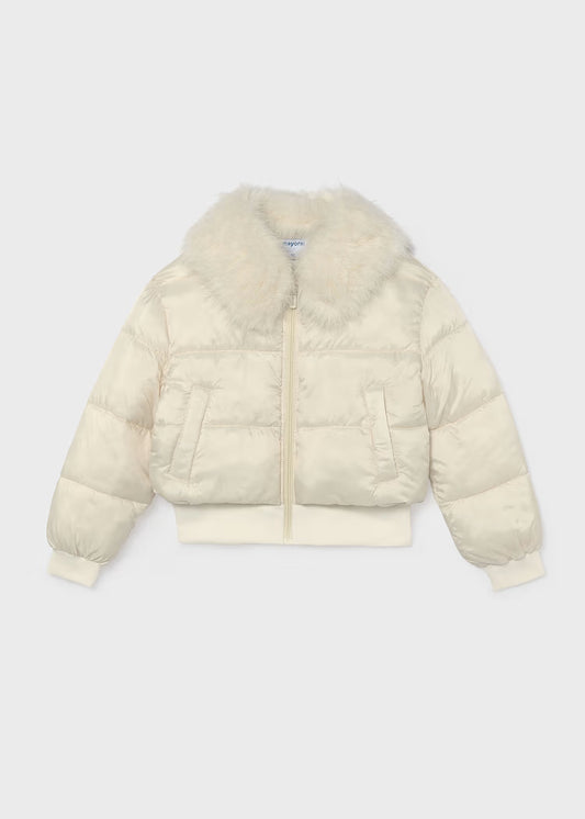 Mayoral Puffer Jacket w/ Faux Fur Collar-Natural