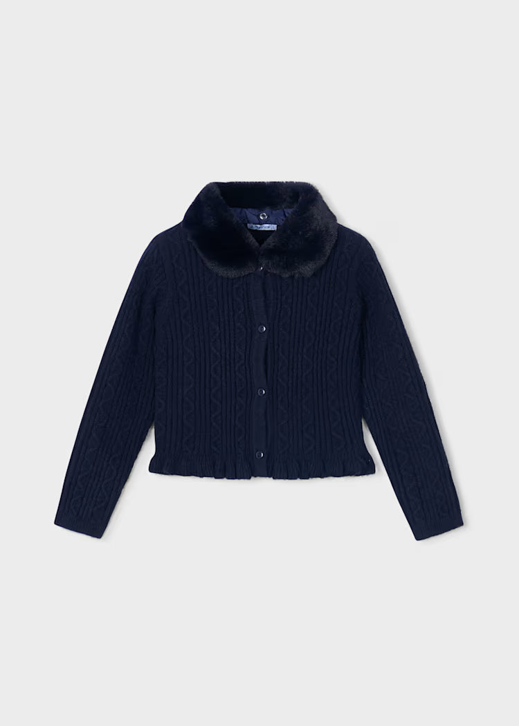 Mayoral Knit Cardigan With Faux Fur Collar-Navy