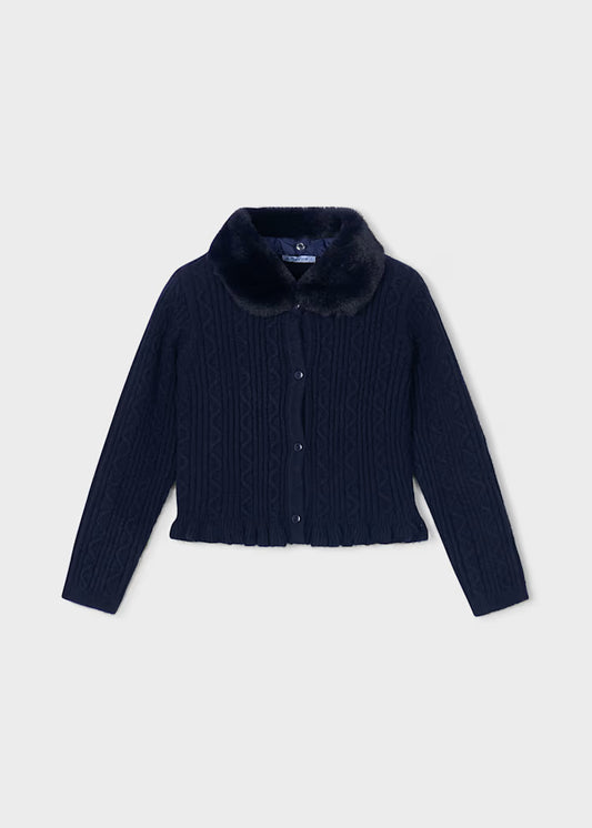 Mayoral Knit Cardigan With Faux Fur Collar-Navy