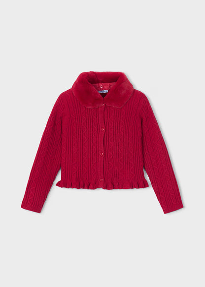 Mayoral Red Faux fur Collar Cardigan