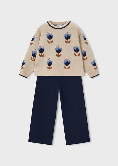 Mayoral Floral Sweater Trouser Set-Navy