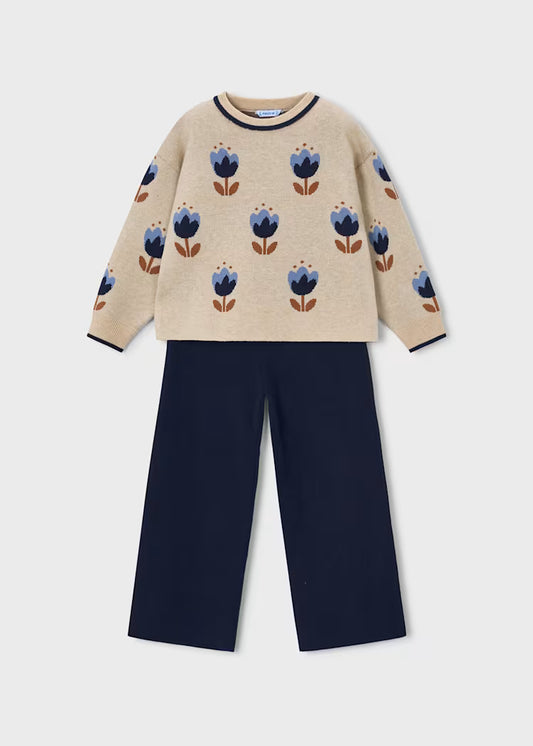 Mayoral Floral Sweater Trouser Set-Navy