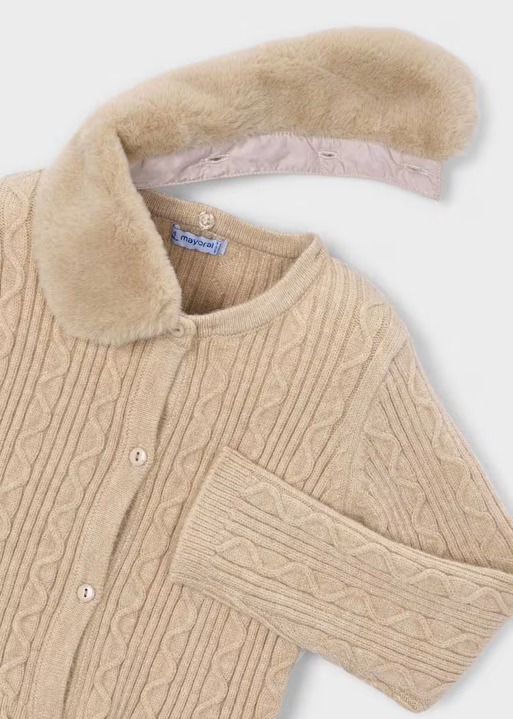 Mayoral Milk Faux Fur Collar Cardigan - Beige