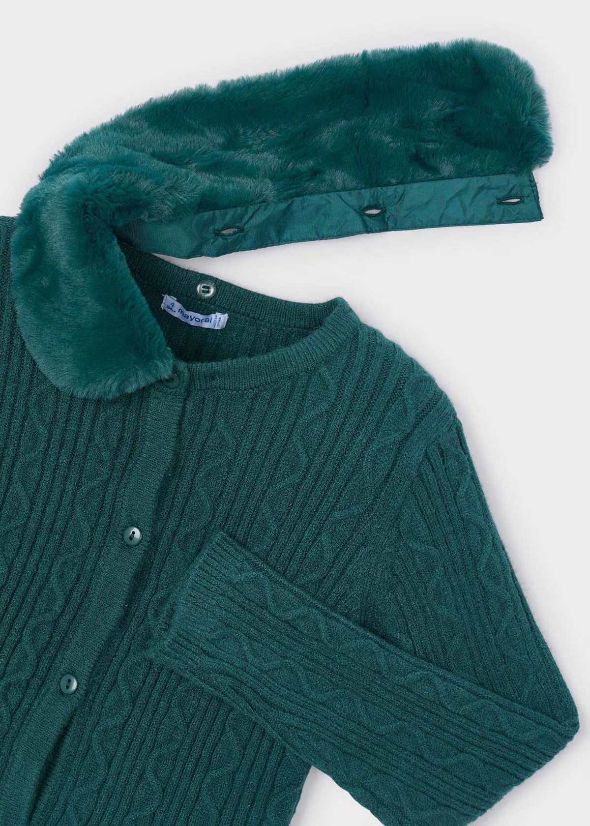 Mayoral Nenufar Green Faux Fur Collar Cardigan