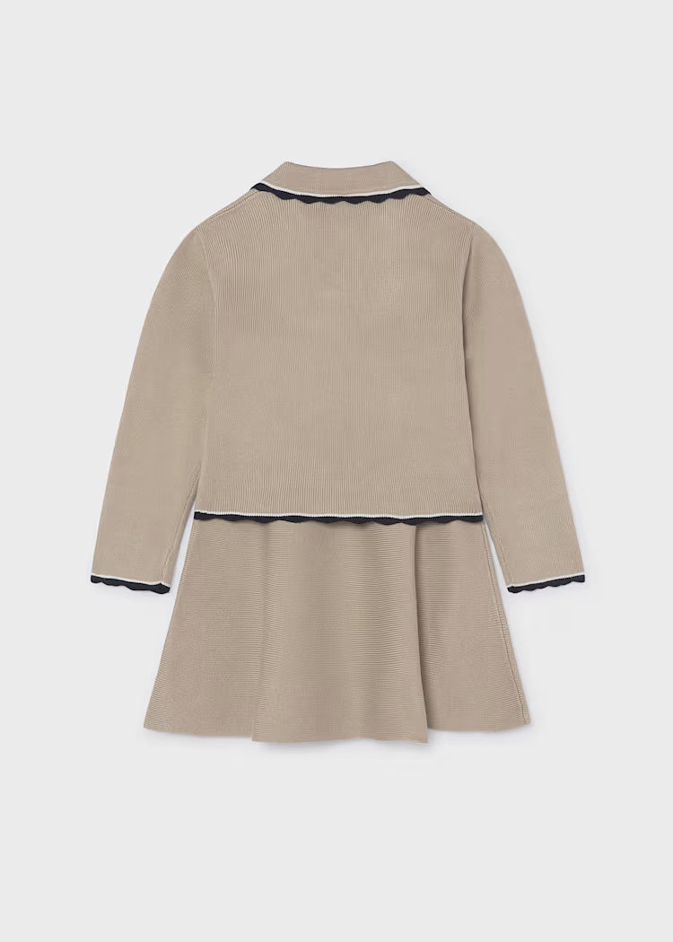 Mayoral Cream Tricot Skirt Set - Beige - Scalloped navy trim