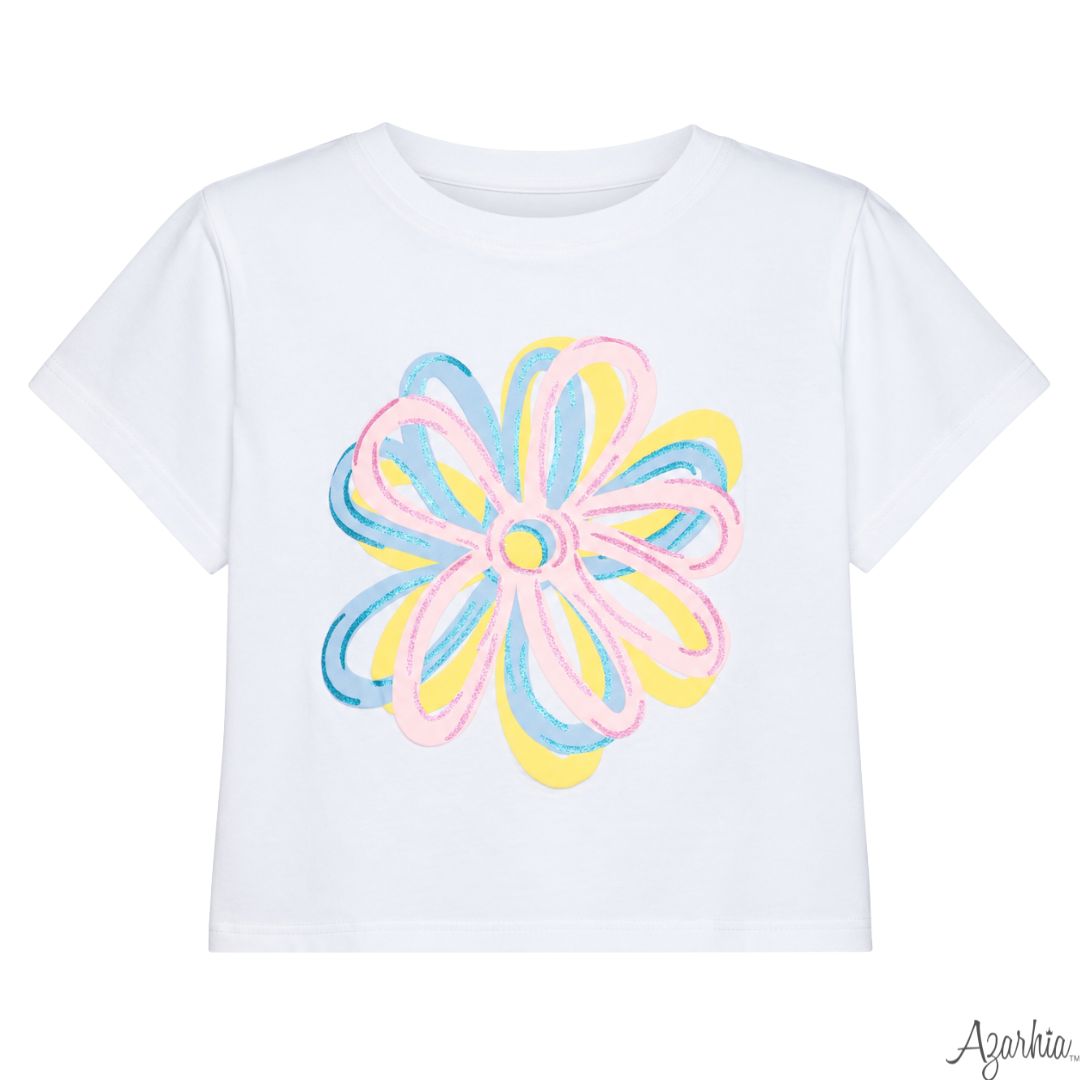 Azarhia Glitter Puffy Graffiti Flowers White Boxy