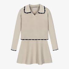 Mayoral Cream Tricot Skirt Set - Beige - Scalloped navy trim