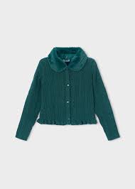 Mayoral Nenufar Green Faux Fur Collar Cardigan