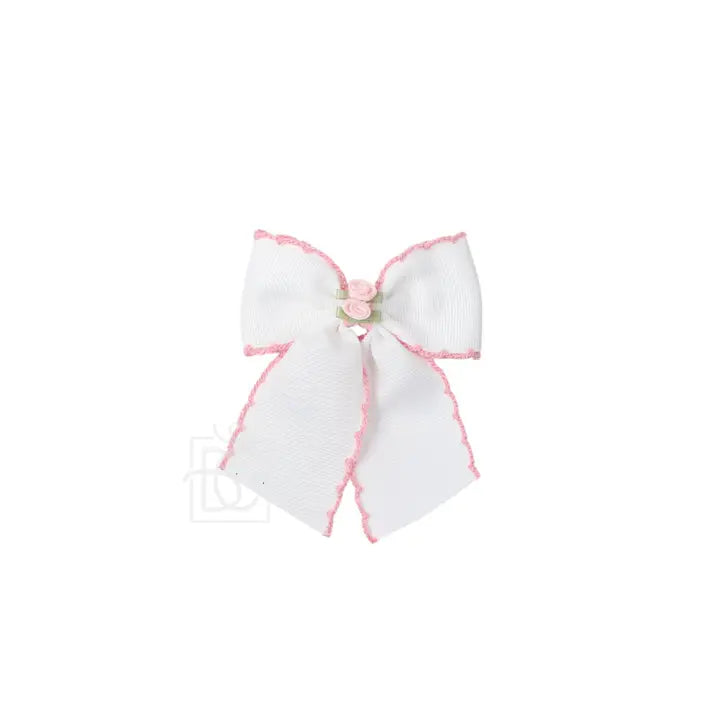 BC 3.5" Flower Embellished Crochet Edge Bow-White/Lt. Pink