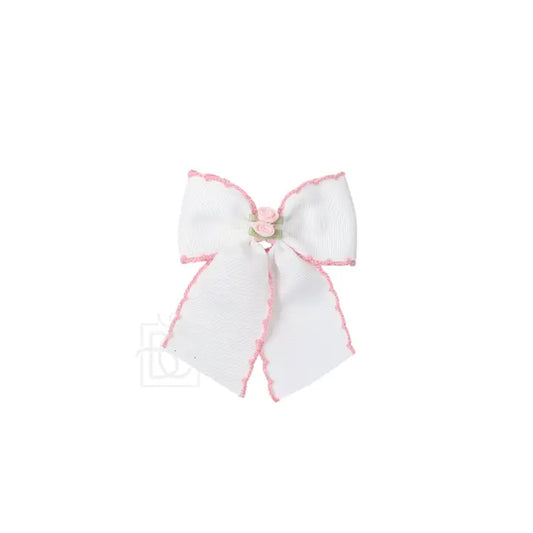 BC 3.5" Flower Embellished Crochet Edge Bow-White/Lt. Pink