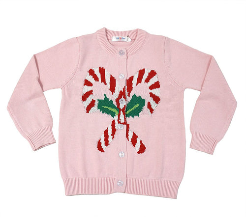 Lulu Bebe Candy Cane Button Front Knit Sweater-Pink