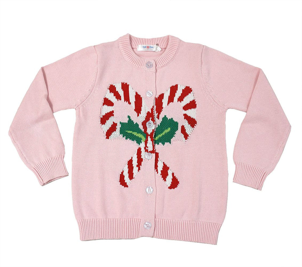 Lulu Bebe Candy Cane Button Front Knit Sweater-Pink