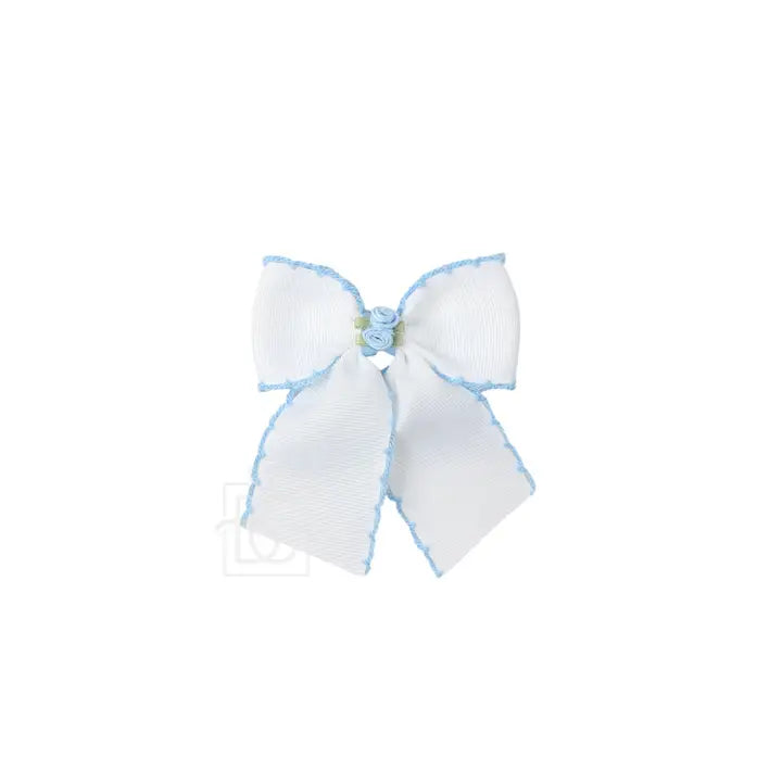 BC 3.5" Flower Embellished Crochet Edge Bow-White/Mil Blue