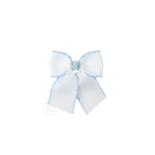 BC 3.5" Flower Embellished Crochet Edge Bow-White/Mil Blue