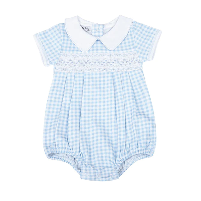 Magnolia Baby Lt. Blue Mini Checks Smocked Bubble