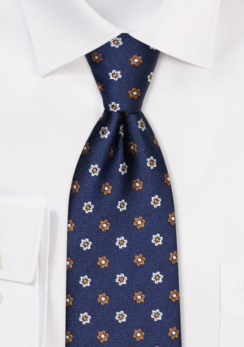 Navy, Copper and White Floral Tie