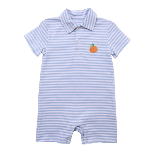 Itsy Bitsy Pumpkin S/S Polo Romper-Lt Blue Stripe