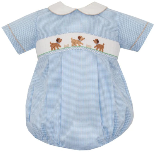 Petit Bebe Puppies Boy Lt. Blue Check S/S Bubble