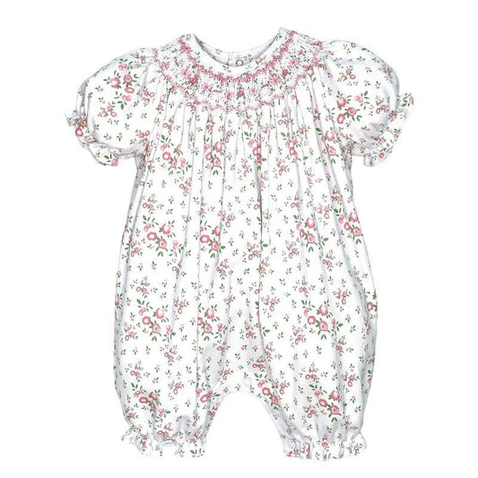 Petit Ami Knit Smocked Floral French Bubble-White/Pink
