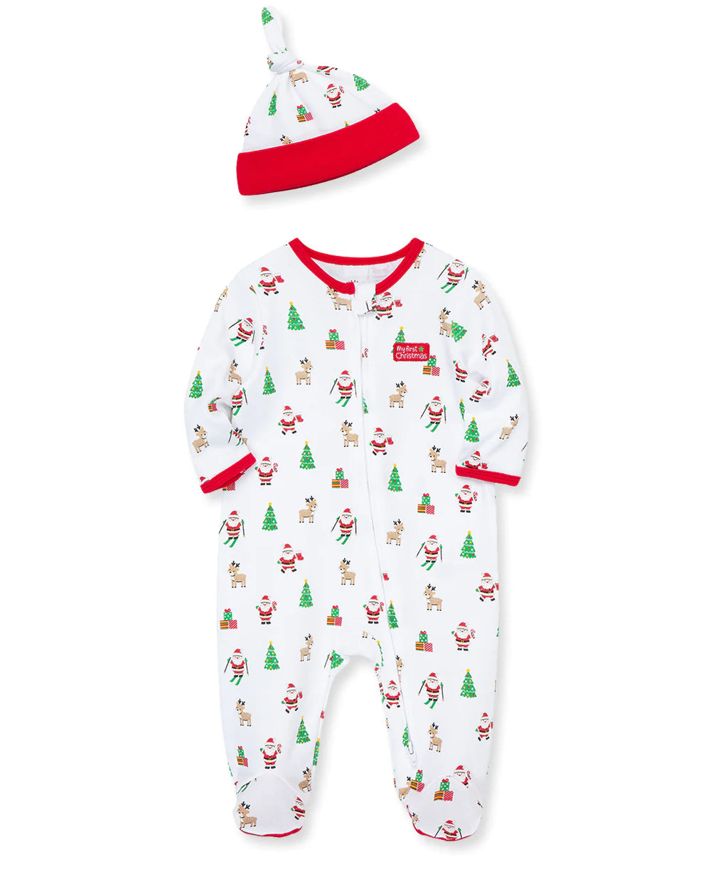 Little Me Snow Santa Cotton Footie w/ Hat-White
