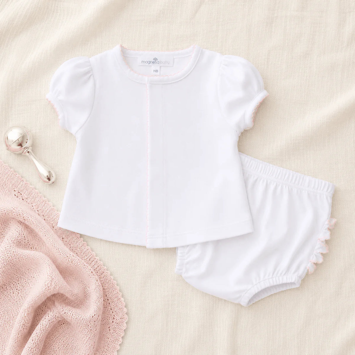 MB Solid Essentials White Ruffle Diaper Set w/ Pink Trim
