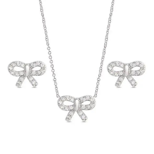 Lily Nily CZ Bow Pendant/Stud Earring Set-Silver