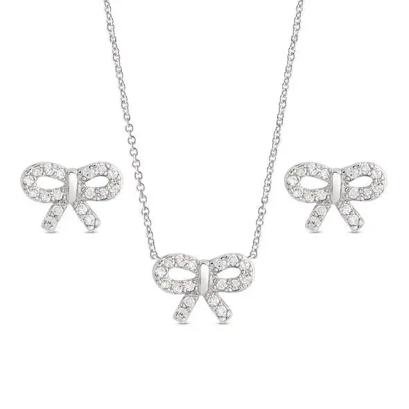 Lily Nily CZ Bow Pendant/Stud Earring Set-Silver
