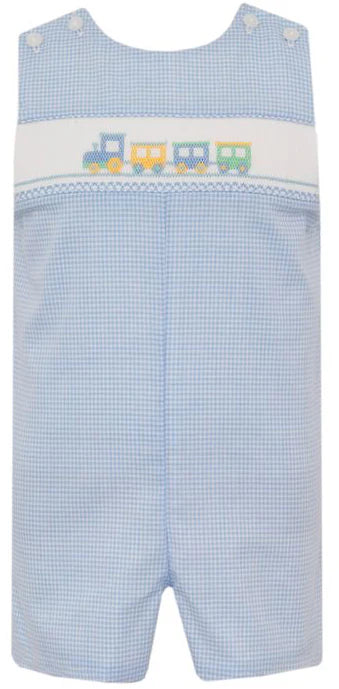 Petit Bebe Train Smocked Lt. Blue Gingham Shortall