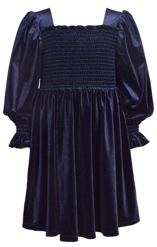 Bonnie Jean Smocked Velvet L/S Dress-Navy