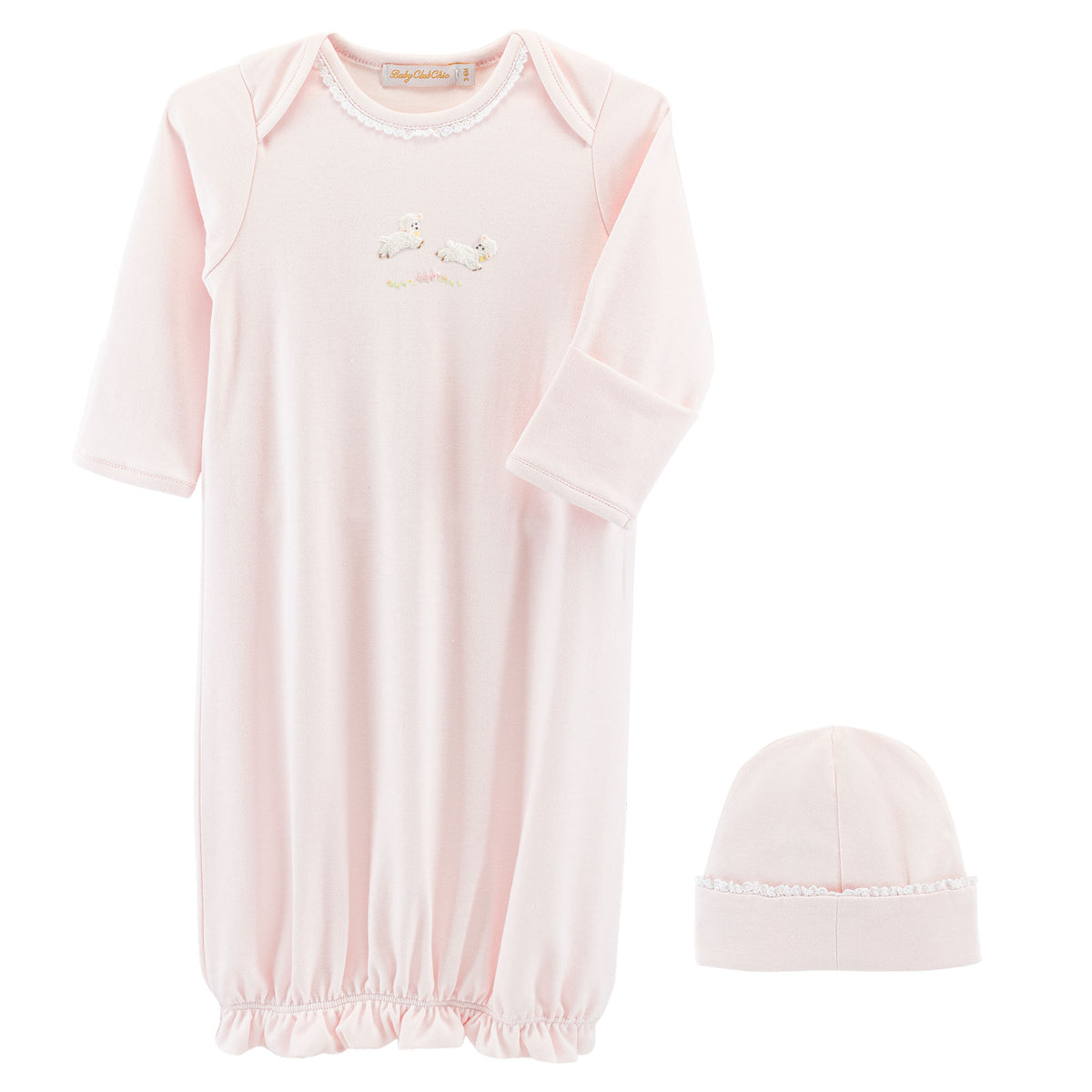 BCC Baby Lambs Pink Gown w/ Lace Trim & Hat