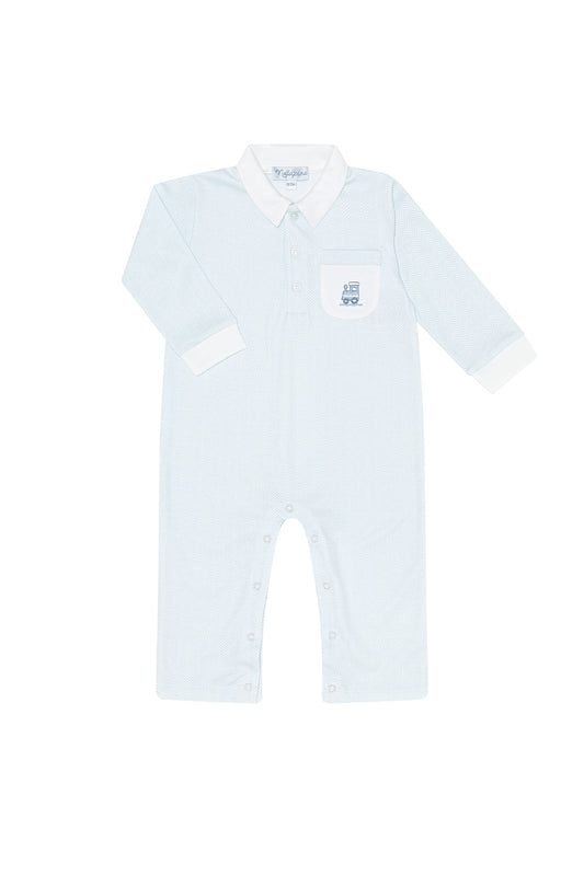 Nella Pima Blue Herringbone Embroidered Train Playsuit