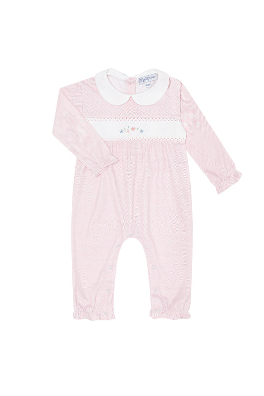 Nella Pima Pink Herringbone Embroidered Flowers Playsuit-Pink