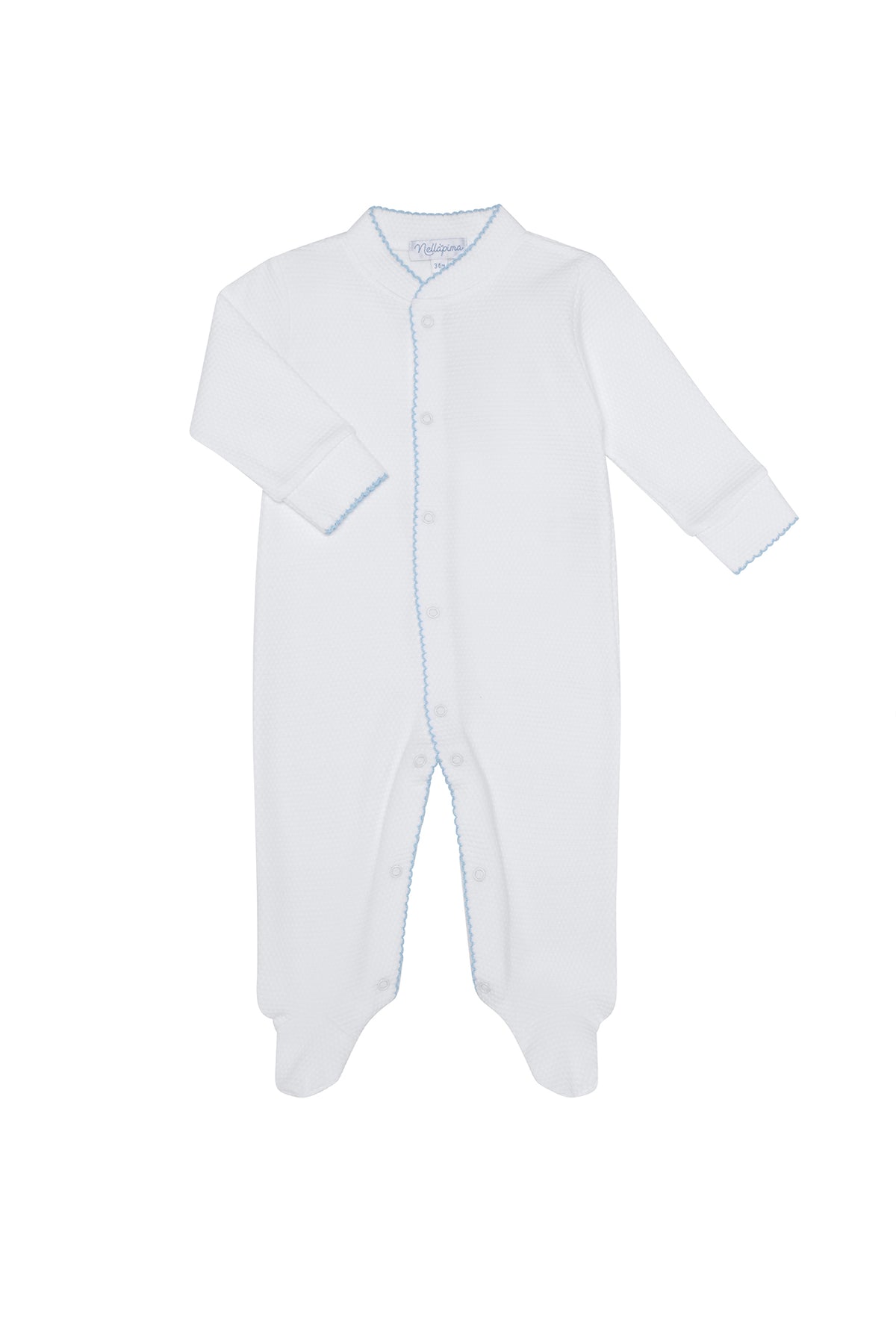 Nella Pima Bubble Baby Footie-White w/ Blue Picot Trim