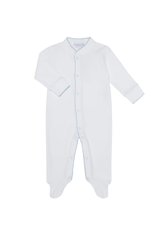 Nella Pima Bubble Baby Footie-White w/ Blue Picot Trim