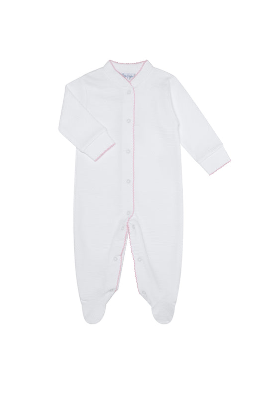 Nella Pima Bubble Baby Footie-White w/ Pink Picot Trim