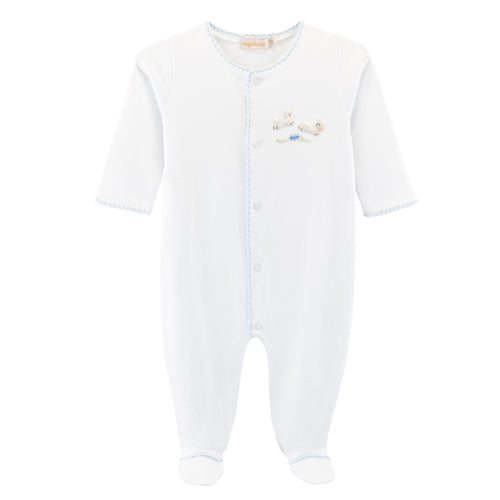 BCC White Lamb Footie w/ Blue Trim