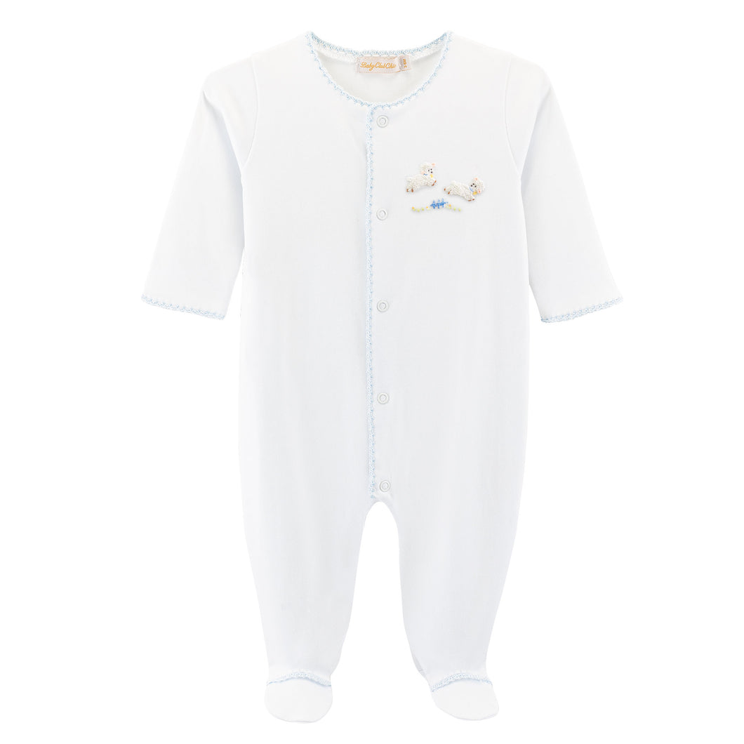 BCC White Lamb Footie w/ Blue Trim