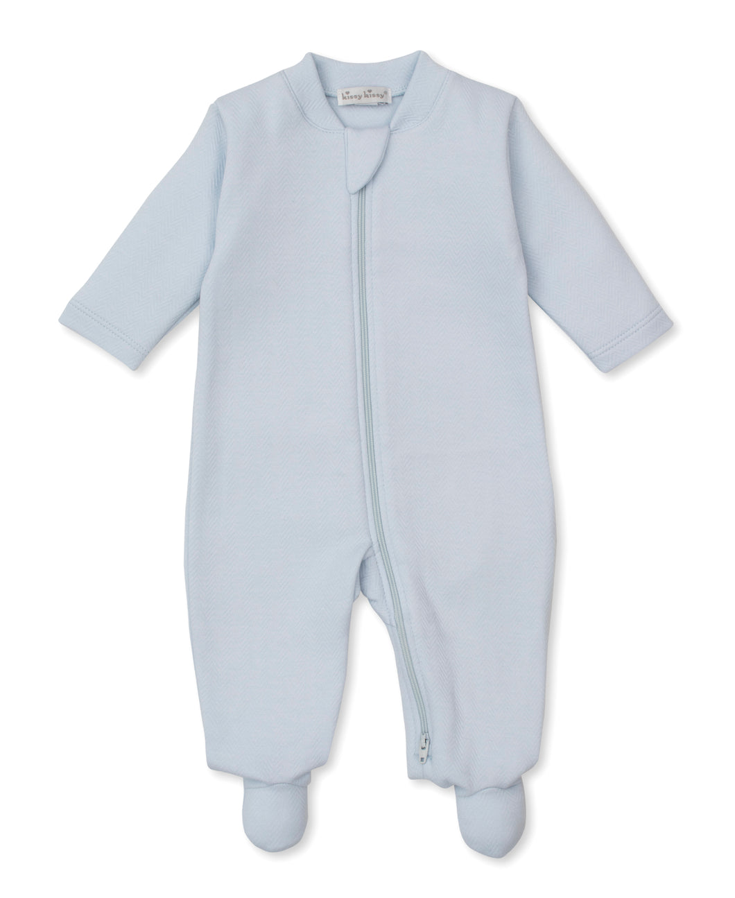 Kissy Herringbone Zip Footie-Lt. Blue