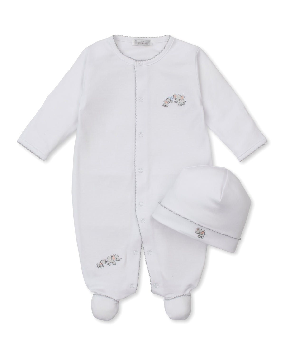 Kissy Kissy White Elephant Emb Footie/Hat Set