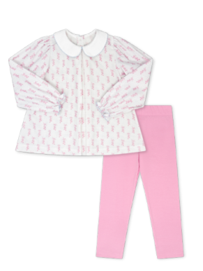 Lullaby Sets - TINY DANCER WOVEN TOP, WHITE COLLAR WITH BLUE PICOT TRIM, LIGHT PINK LEGGINGS