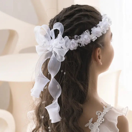 BajaBella White Flower and Mesh Ribbon Headpiece