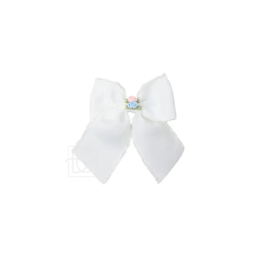 BC 3.5" Flower Embellished Crochet Edge Bow-White