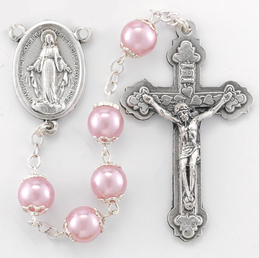 Hirten Rose Faux Pearl Double Capped Rosary 109RO