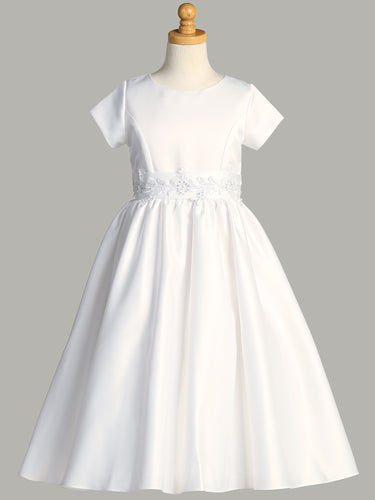 Lito White Satin Dress with Silver Corded Trim