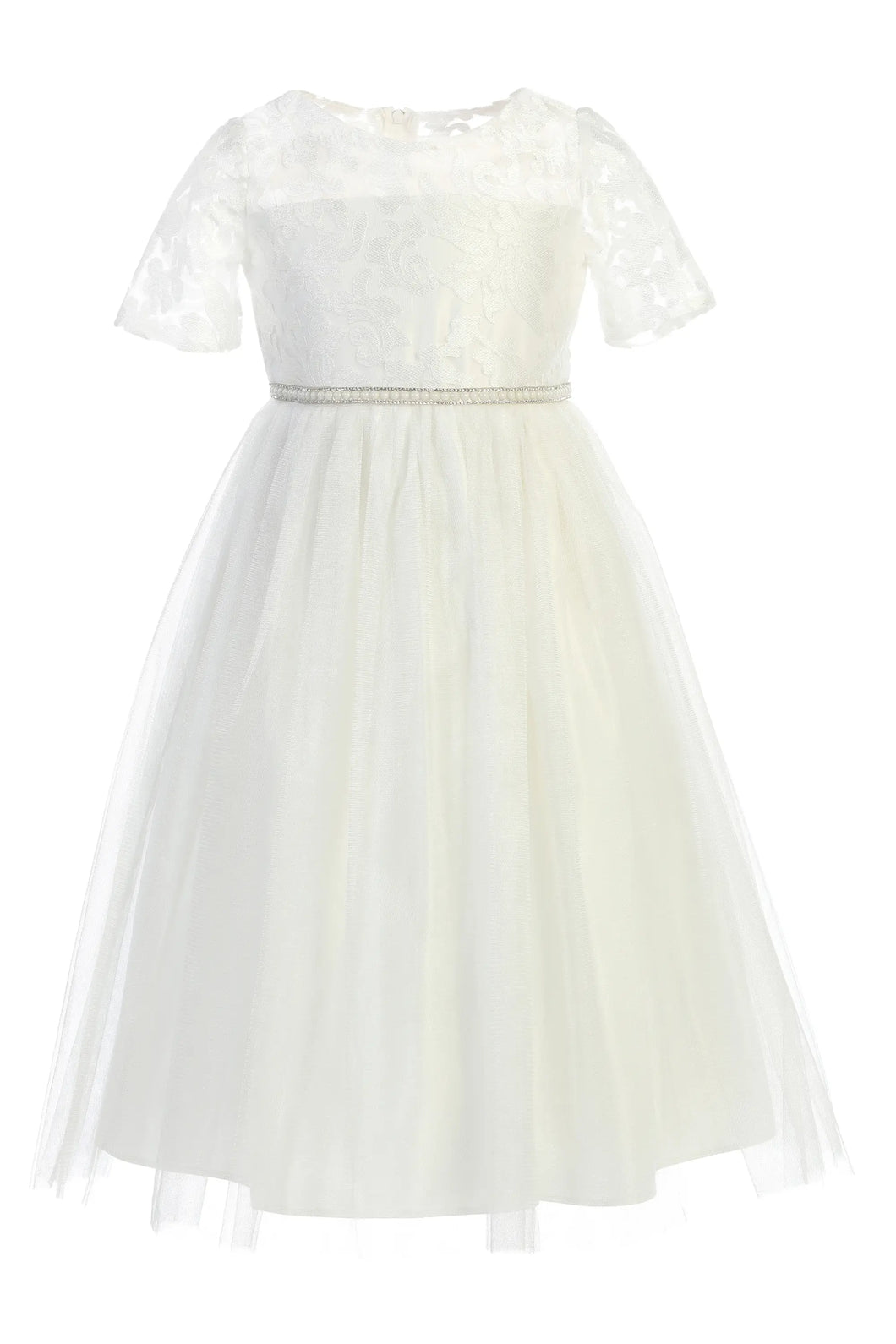Sweet Kids Off White Luxe Emb Lace w/ Satin & Crystal Tulle