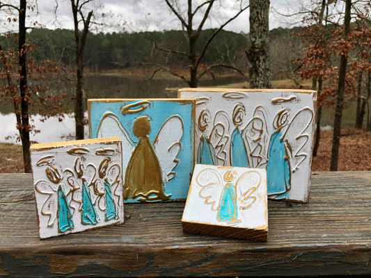 Single Angel Handmade Textured Wood Block