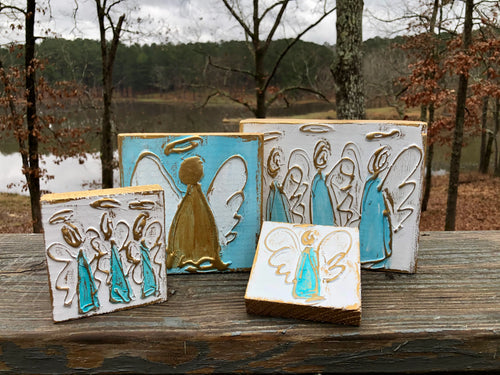 Trio of Angels Handmade Textured Wood Block