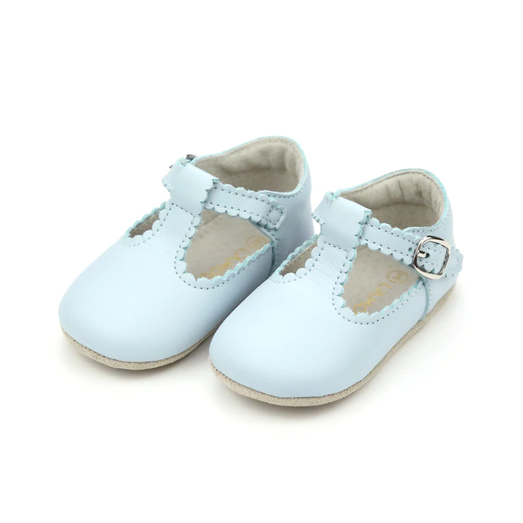 Lamour Elodie Light Blue T-Strap Scalloped Crib Shoe