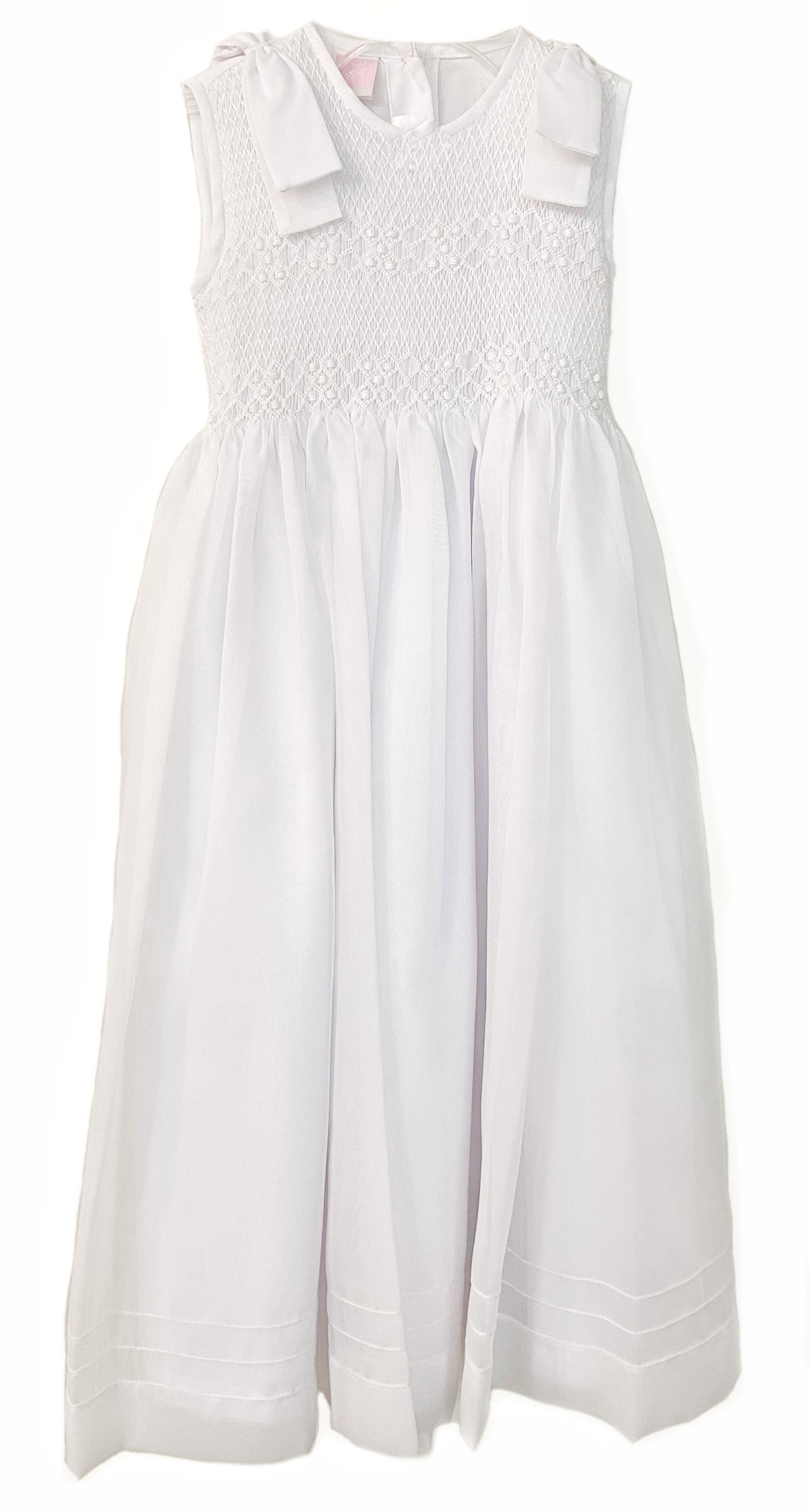 Will Beth Bow Shoulder Smocked Dress-White