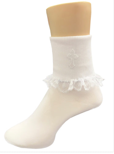 Lito Embroidered Socks with Cross and Lace Trim